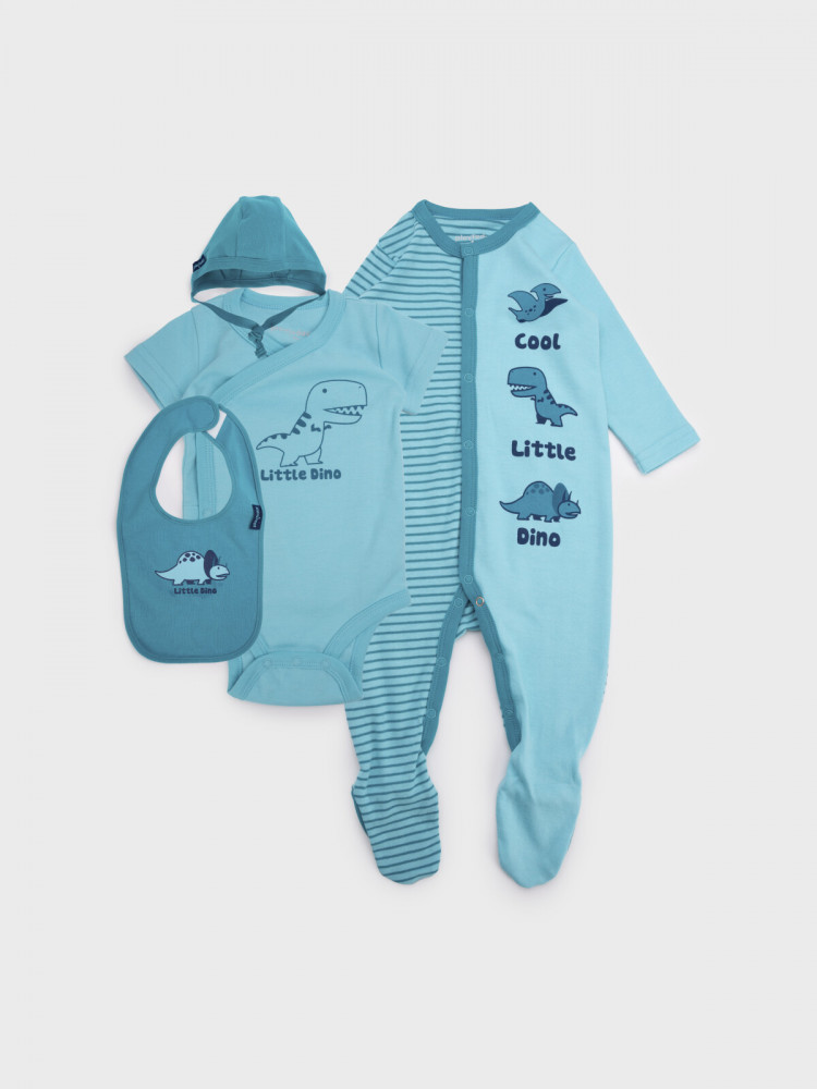 Комплект детский трикотажный для мальчиков: боди, комбинезон, нагрудник, чепчик | Digitized Dino | PlayToday