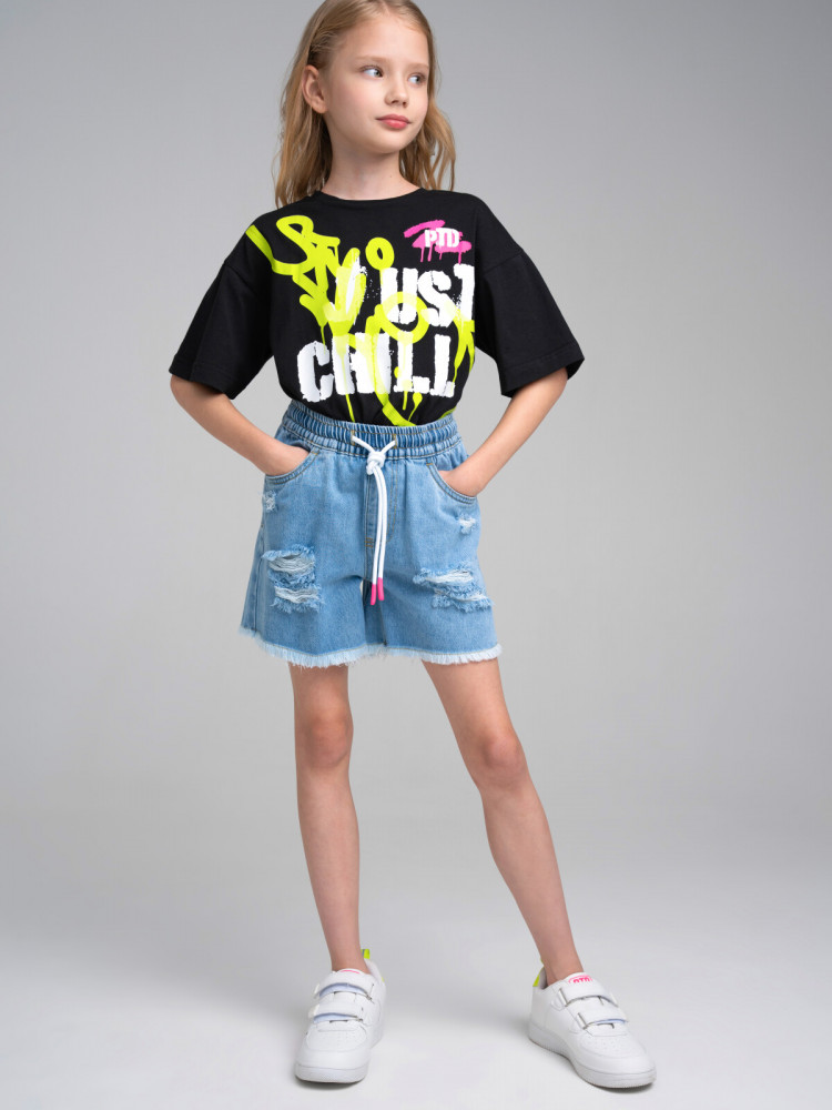 Шорты текстильные джинсовые для девочек | Emotion | PlayToday