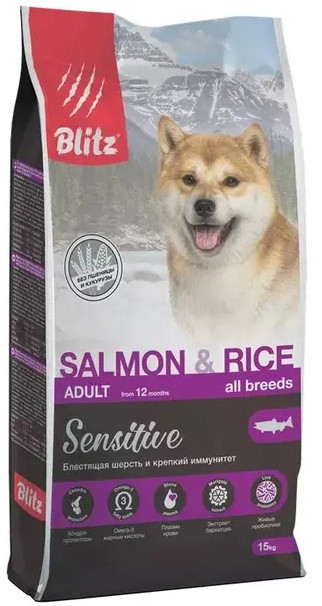 Корм сухой для взрослых собак с лососем и рисом «Sensitive Salmon & Rice Adult Dog All Breeds» | Sensitive | Blitz