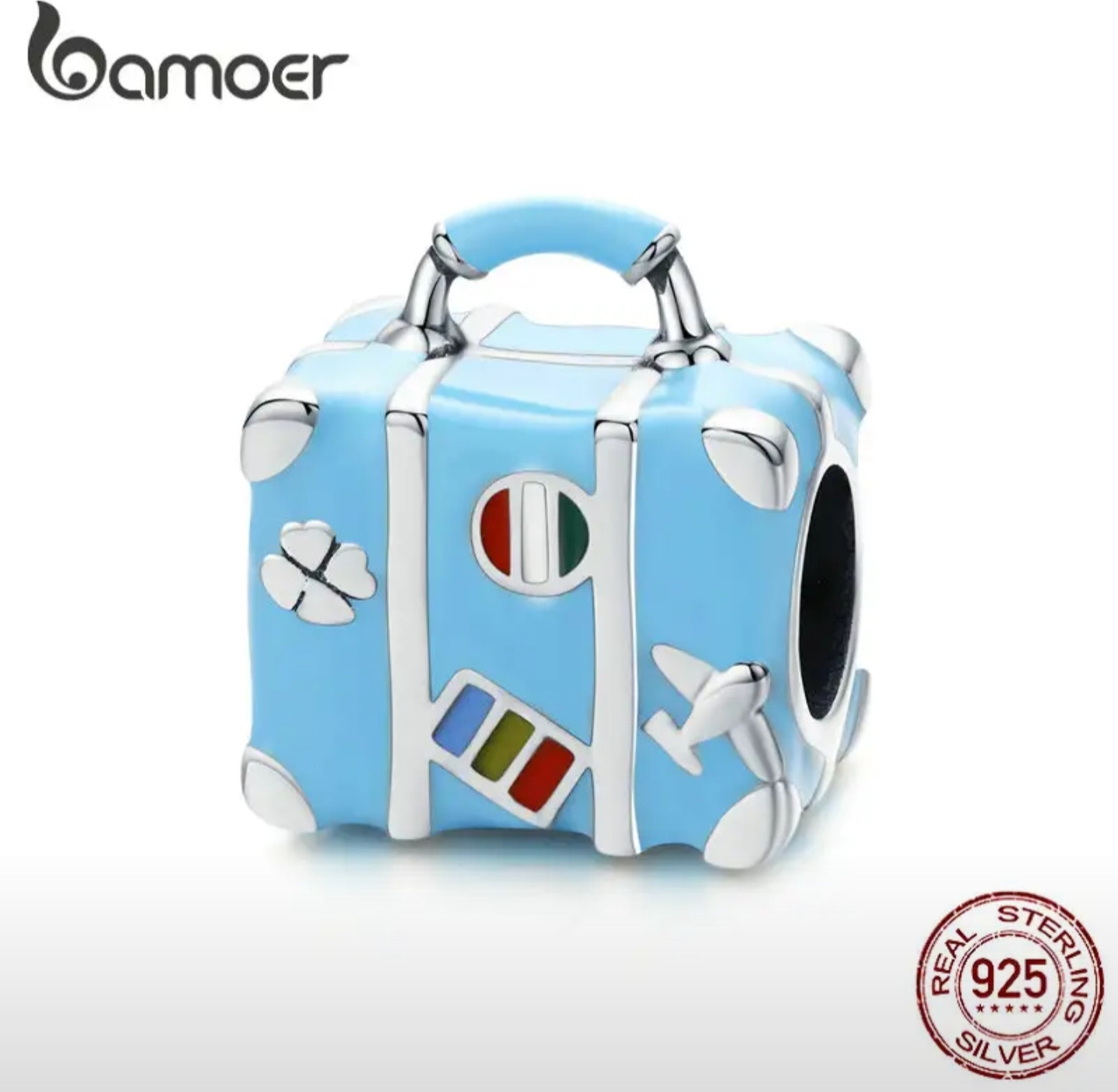 Шарм из серебра «Голубой чемодан» | Bamoer