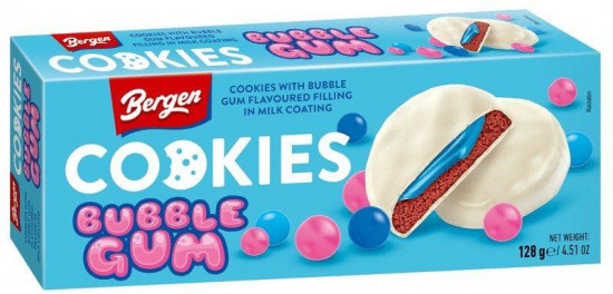Печенье шоколадное с начинкой со вкусом бабл гам в белой глазури «Cookies Bubble Gum»