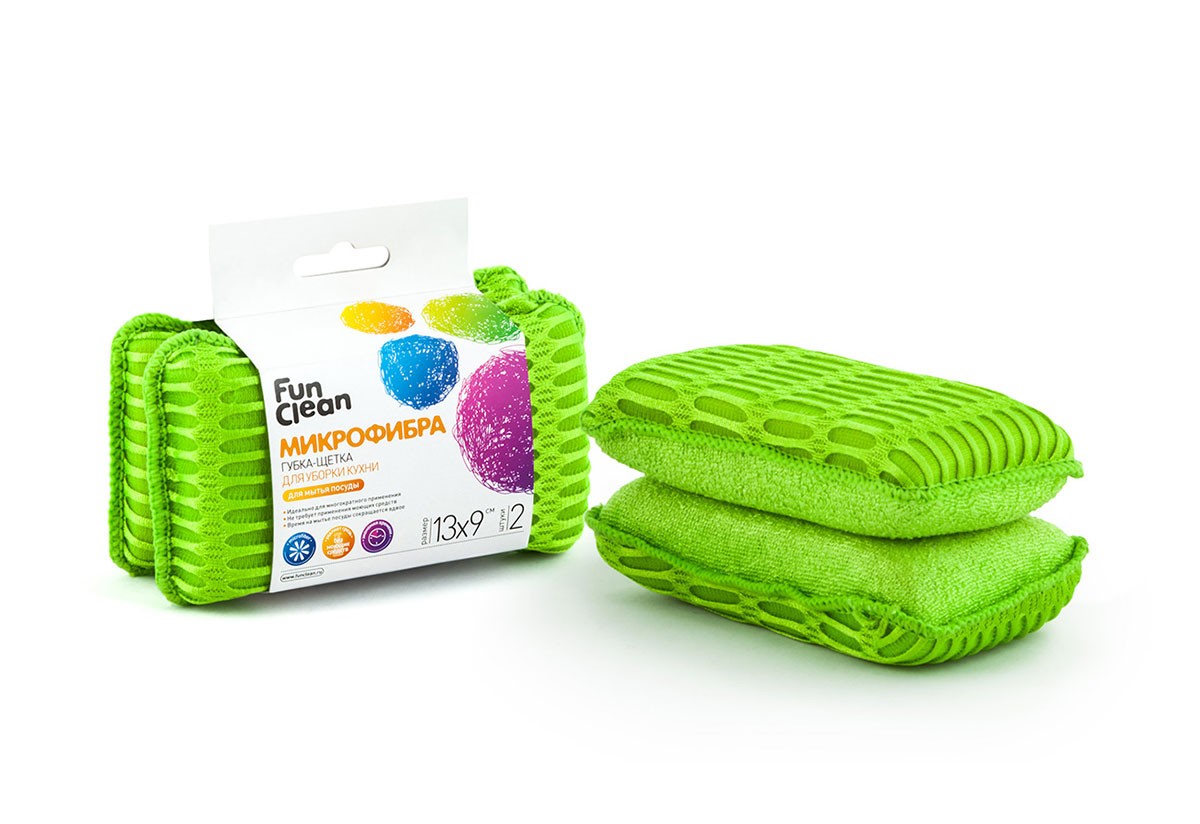 Губка - щетка для мытья посуды "Fun Clean" в оплетке из микрофибры (13 х 9см) 2штуки | Акцент