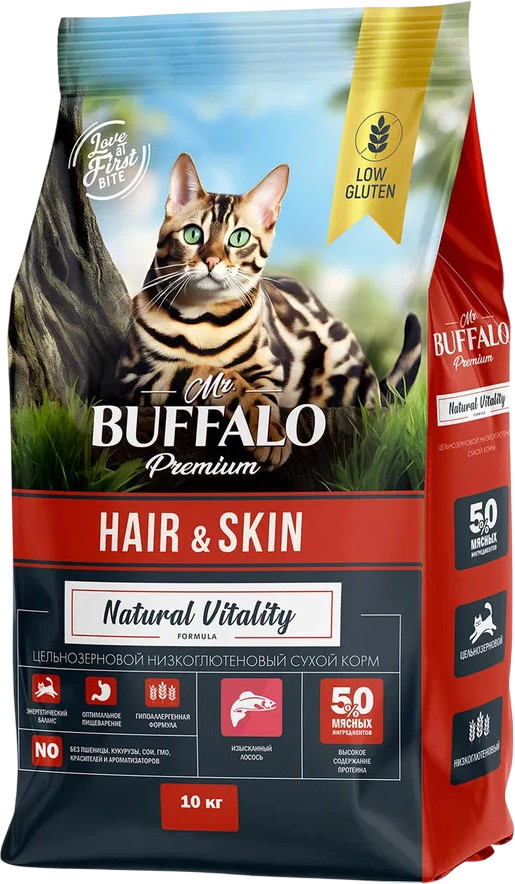 Корм сухой для взрослых кошек и котов с чувствительной кожей с лососем «Hair & Skin» | Mr.Buffalo