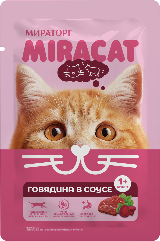 Корм консервированный полнорационный для взрослых кошек всех пород с говядиной в соусе | Miracat