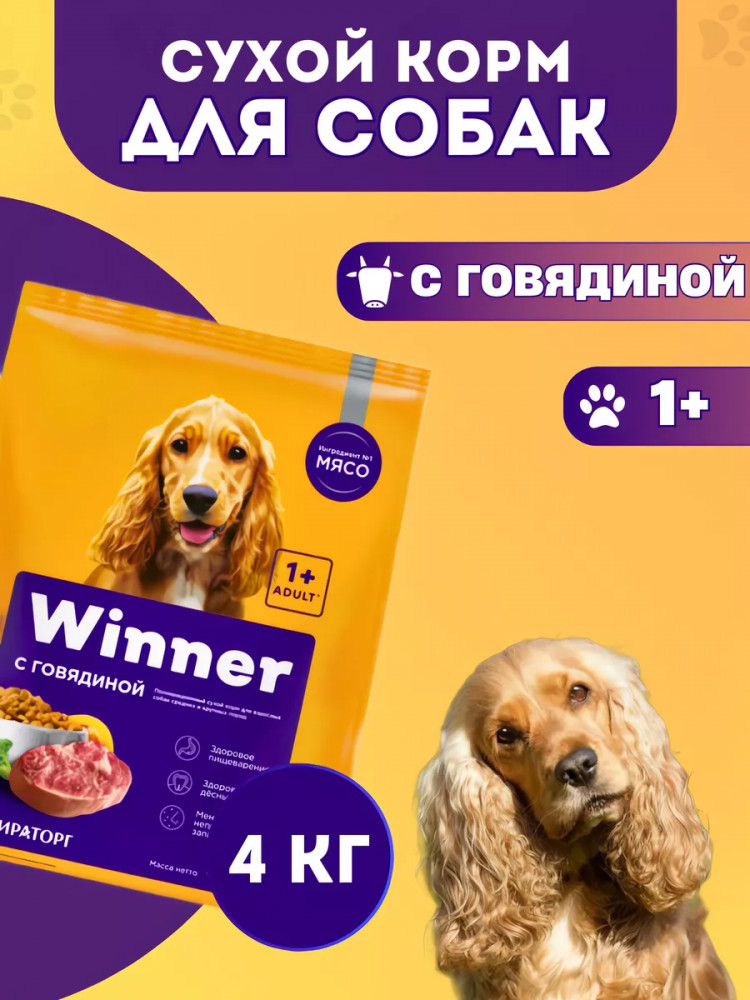 Корм сухой полнорационный для взрослых собак средних и крупных пород с говядиной | Winner