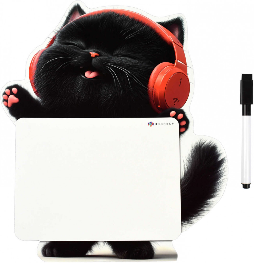 Доска магнитная c полем для рисования и письма «Котенок в наушниках» | Черный кот | Феникс +