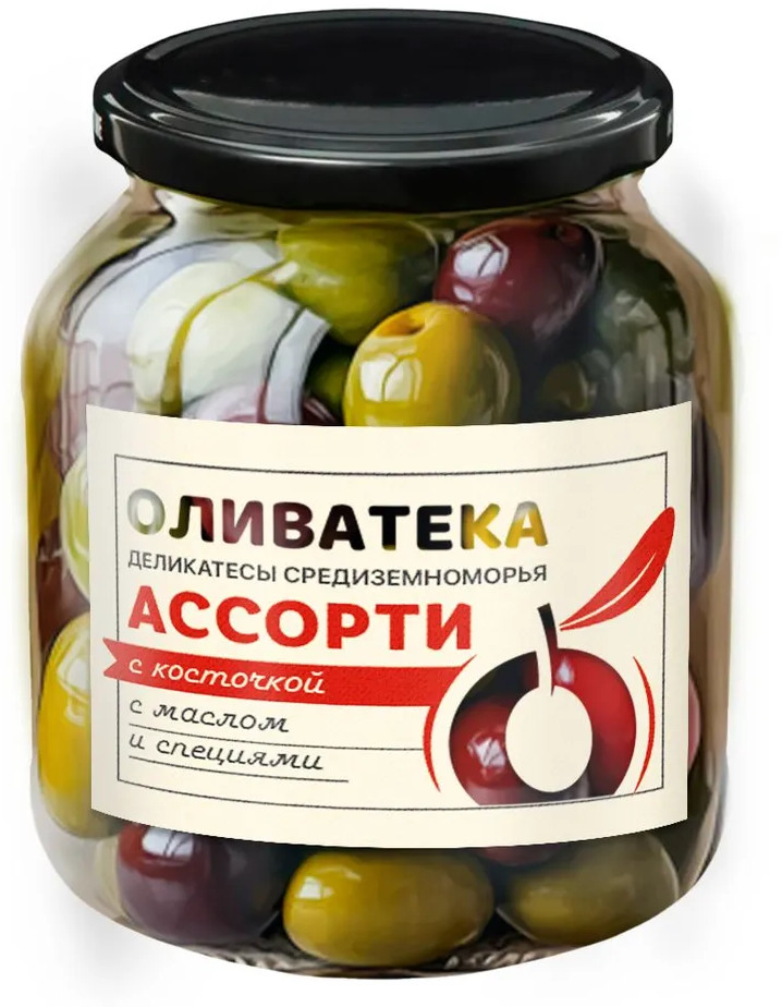 Ассорти оливок с косточкой пряные в рассоле с маслом | Olivateca