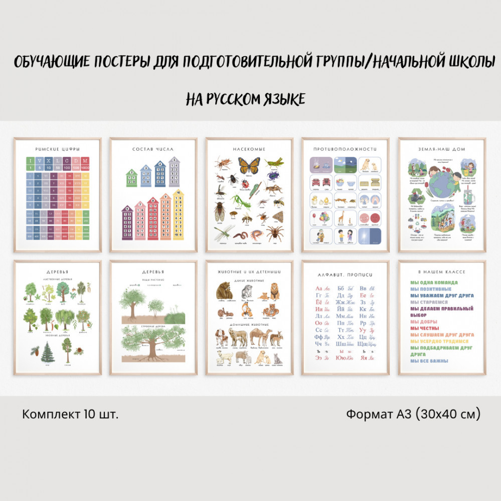 Набор постеров обучающих для подготовительной группы/начальной школы на русском языке | BALAMOUR