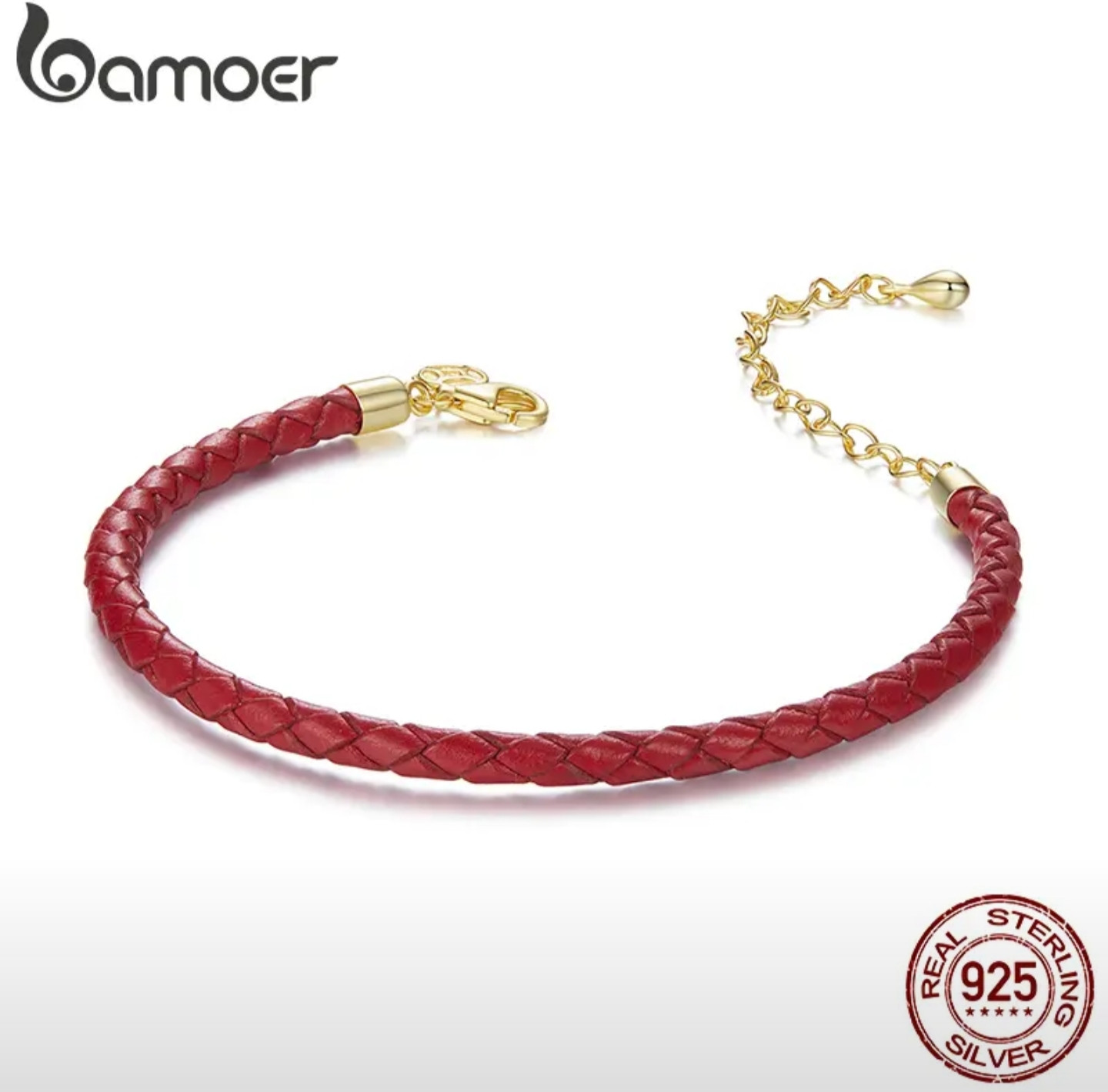 Кожаный красный браслет с серебром в позолоте | Bamoer