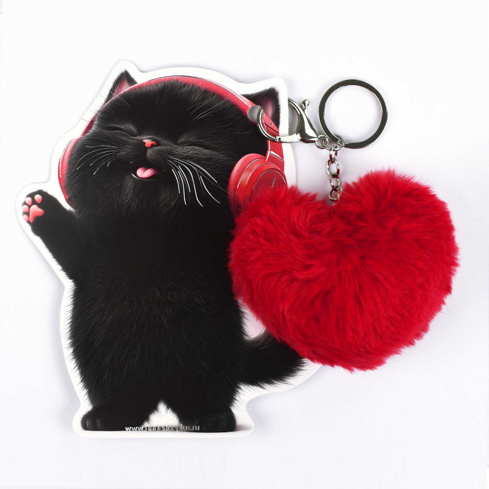 Брелок меховой «Котёнок в наушниках» | Черный кот | Феникс +