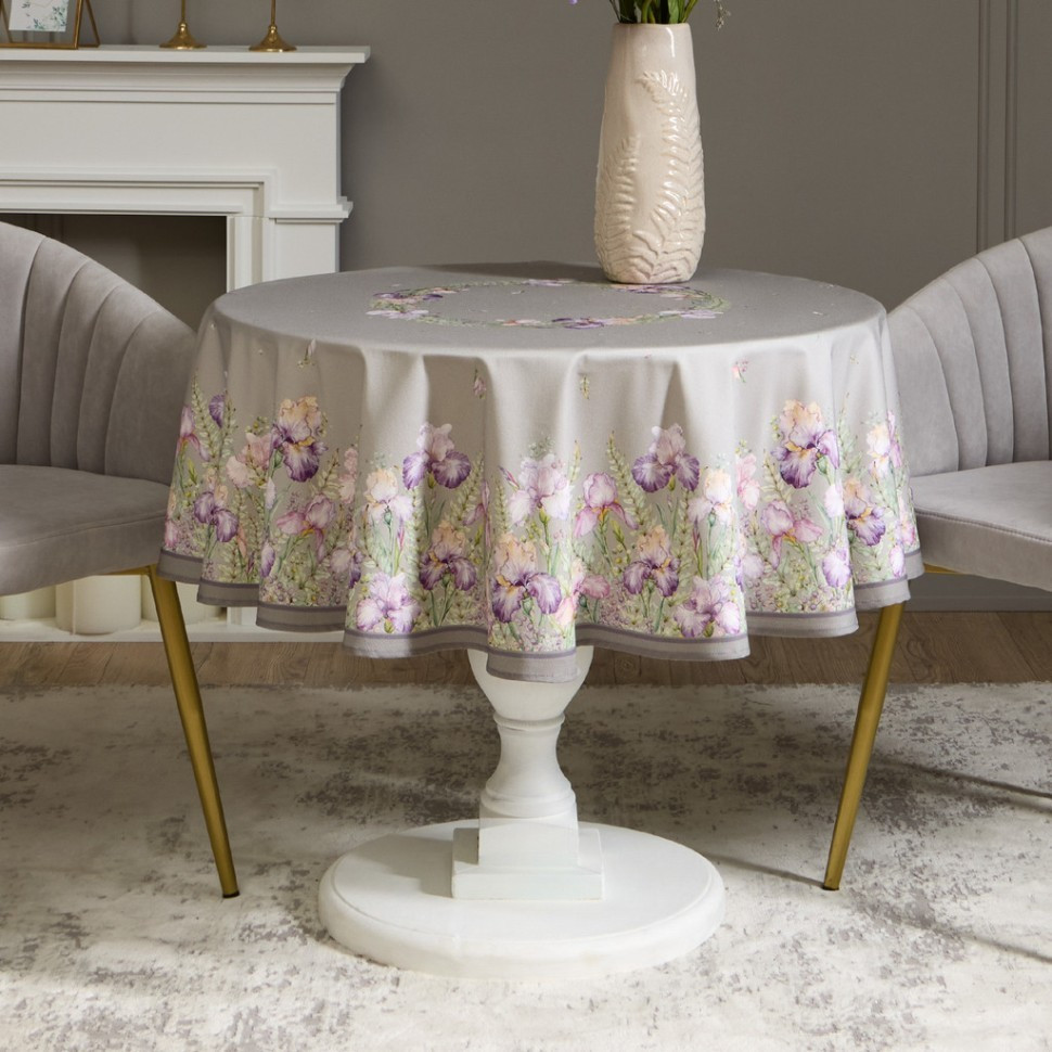 Скатерть с пропиткой круглая «Ирисы» | Irises Grey | Santalino