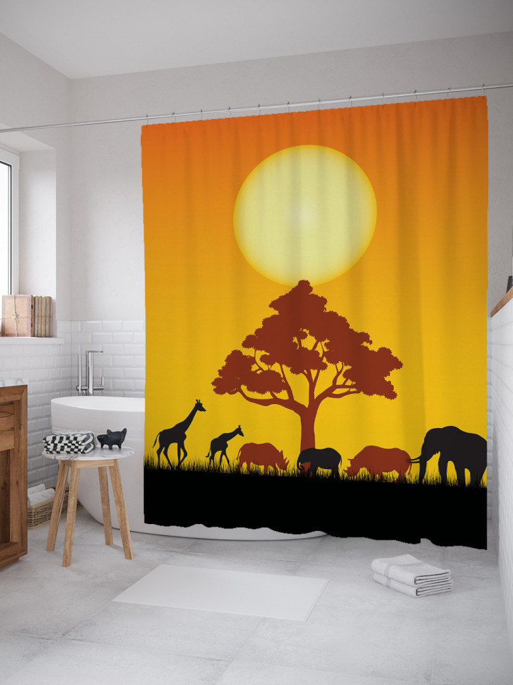 Штора для ванной с водоотталкивающей пропиткой «Африканские звери у дерева» | JoyArty