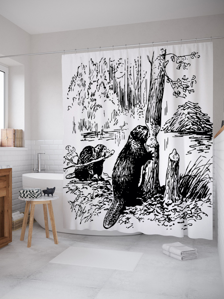 Штора для ванной с водоотталкивающей пропиткой «Бобры в работе» | JoyArty