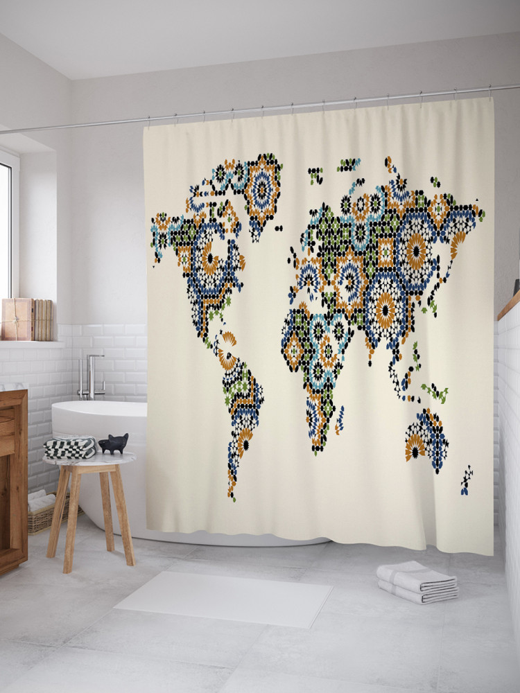 Штора для ванной с водоотталкивающей пропиткой «Вышитая карта мира» | JoyArty