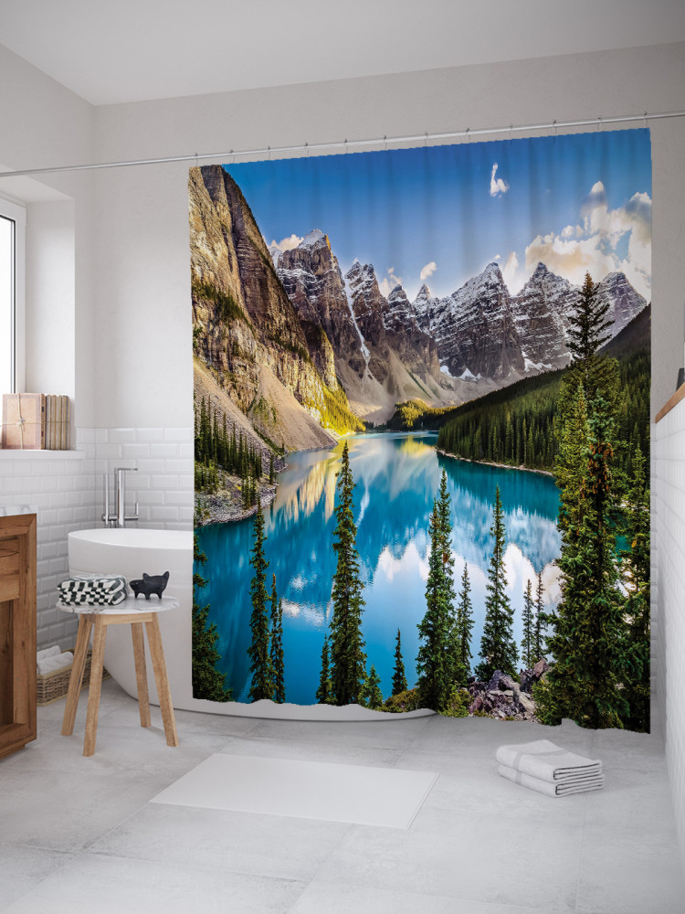 Штора для ванной с водоотталкивающей пропиткой «Горы у озера» | JoyArty
