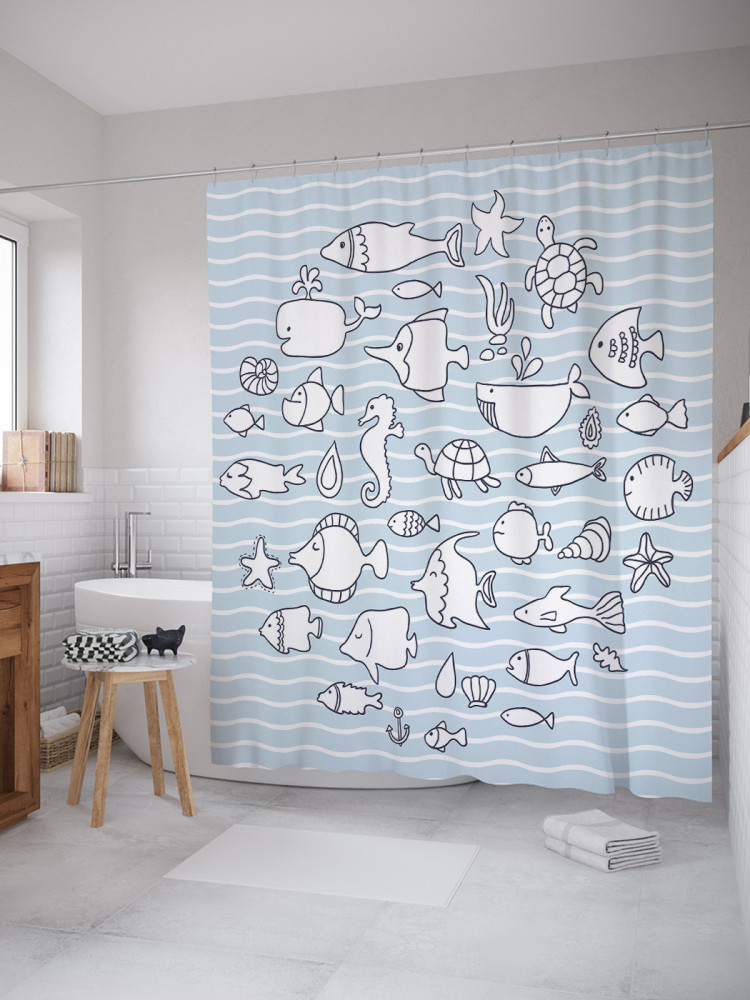 Штора для ванной с водоотталкивающей пропиткой «Контурные подводные жители» | JoyArty