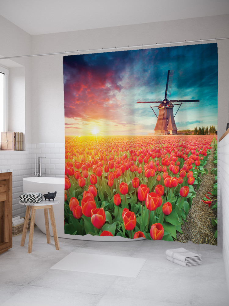 Штора для ванной с водоотталкивающей пропиткой «Мельница на поле тюльпанов» | JoyArty