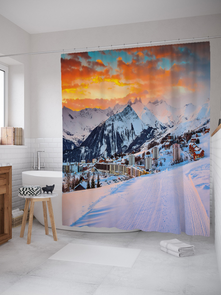 Штора для ванной с водоотталкивающей пропиткой «На лыжах в город» | JoyArty