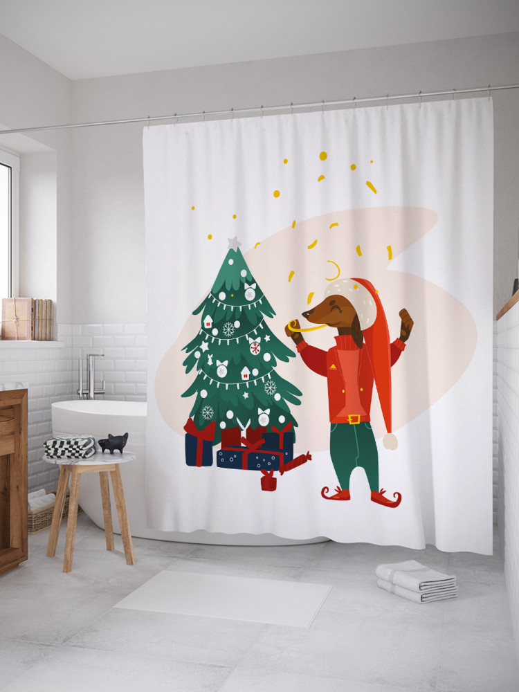 Штора для ванной с водоотталкивающей пропиткой «Новогодняя такса» | JoyArty