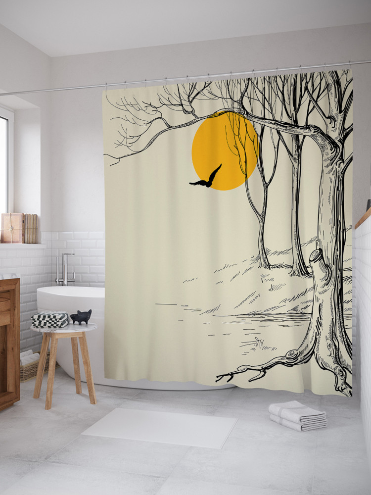 Штора для ванной с водоотталкивающей пропиткой «Полет через солнечный лес» | JoyArty