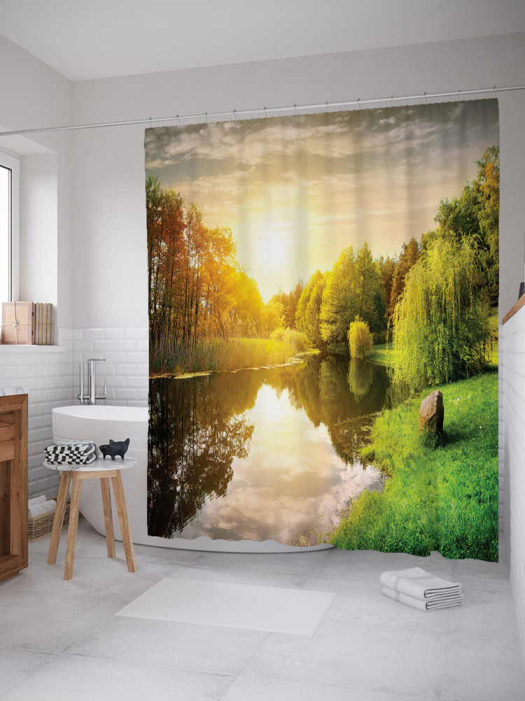 Штора для ванной с водоотталкивающей пропиткой «Свежее утро у реки» | JoyArty