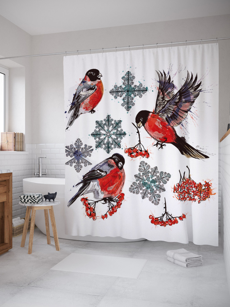 Штора для ванной с водоотталкивающей пропиткой «Снегири зимой» | JoyArty