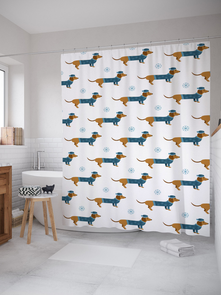 Штора для ванной с водоотталкивающей пропиткой «Такса в свитере и шляпки» | JoyArty