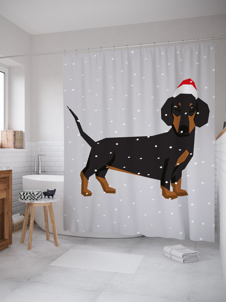 Штора для ванной с водоотталкивающей пропиткой «Такса в чепчике зимой» | JoyArty
