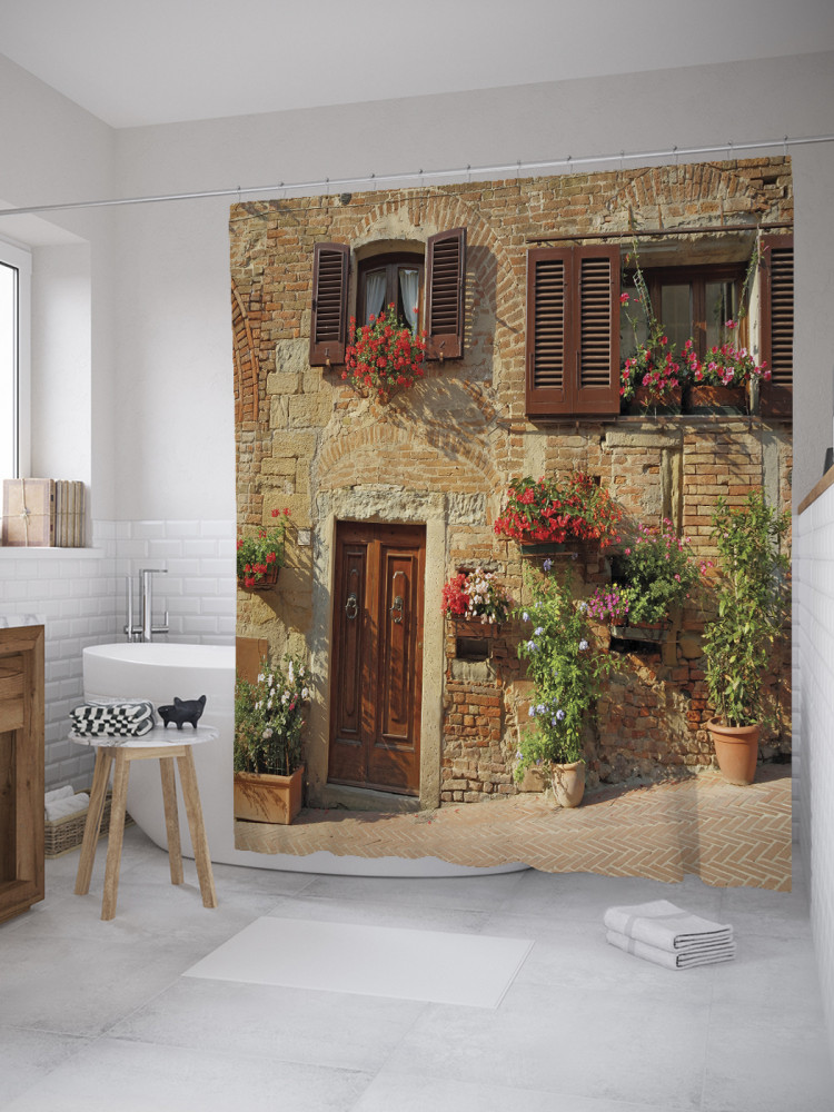 Штора для ванной с водоотталкивающей пропиткой «Цветы на стене» | JoyArty