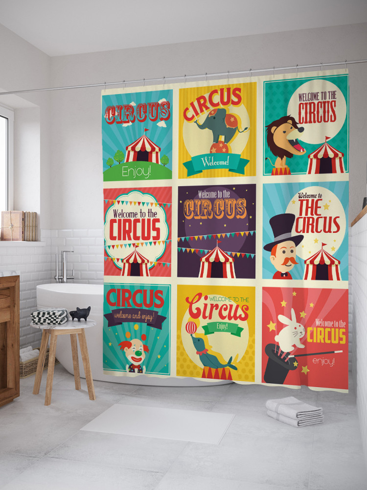 Штора для ванной с водоотталкивающей пропиткой «Цирковые афишы» | JoyArty