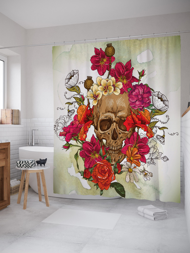 Штора для ванной с водоотталкивающей пропиткой «Череп в цветочном венке» | JoyArty