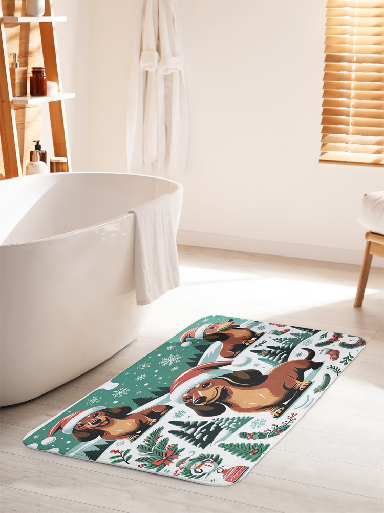 Коврик для ванной комнаты и туалета противоскользящий «Таксы на прогулке» | JoyArty