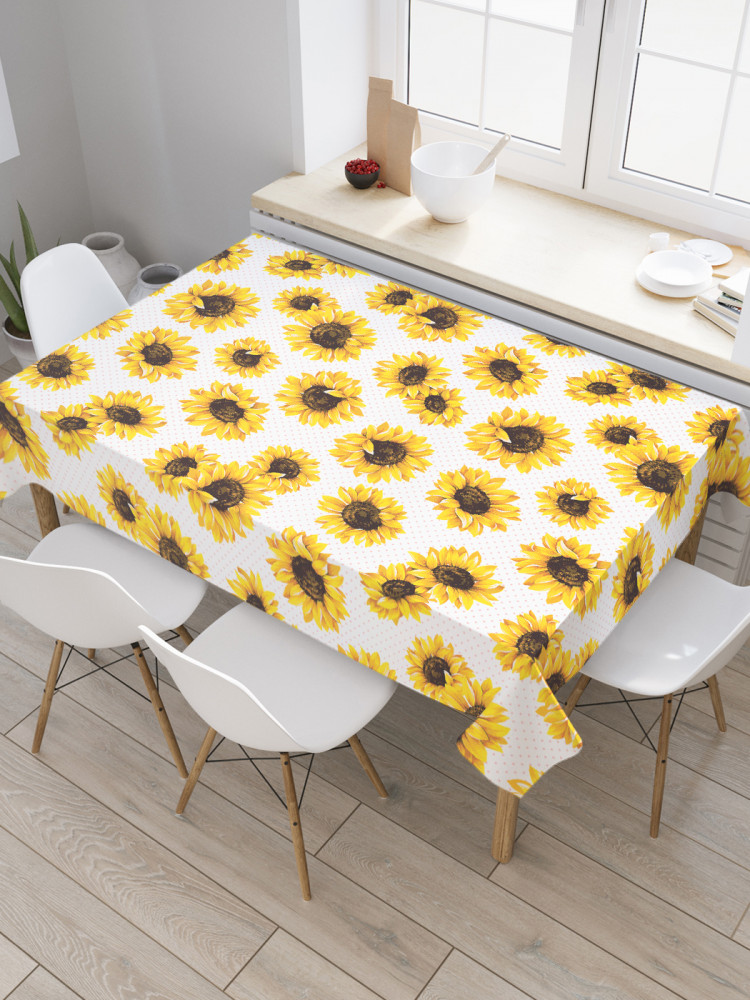 Скатерть водоотталкивающая «В окружении подсолнухов» | JoyArty