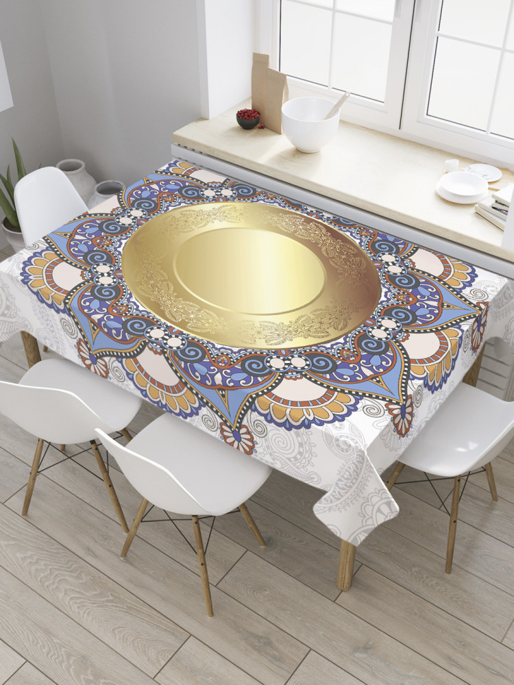 Скатерть водоотталкивающая «Золотой круг в узорах» | JoyArty