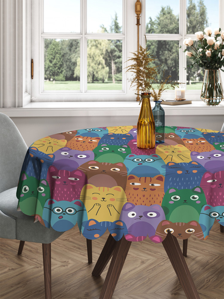 Скатерть на круглый стол «Яркие цветные коты» | JoyArty