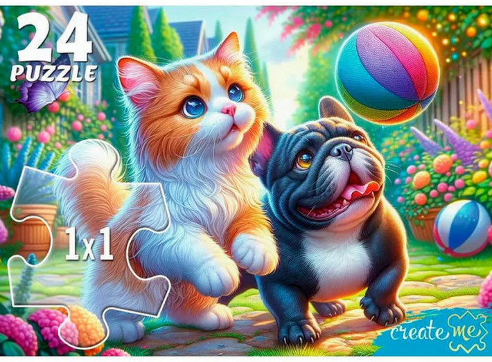 Пазл «Кот и щенок с мячом» | Create me | Рыжий кот