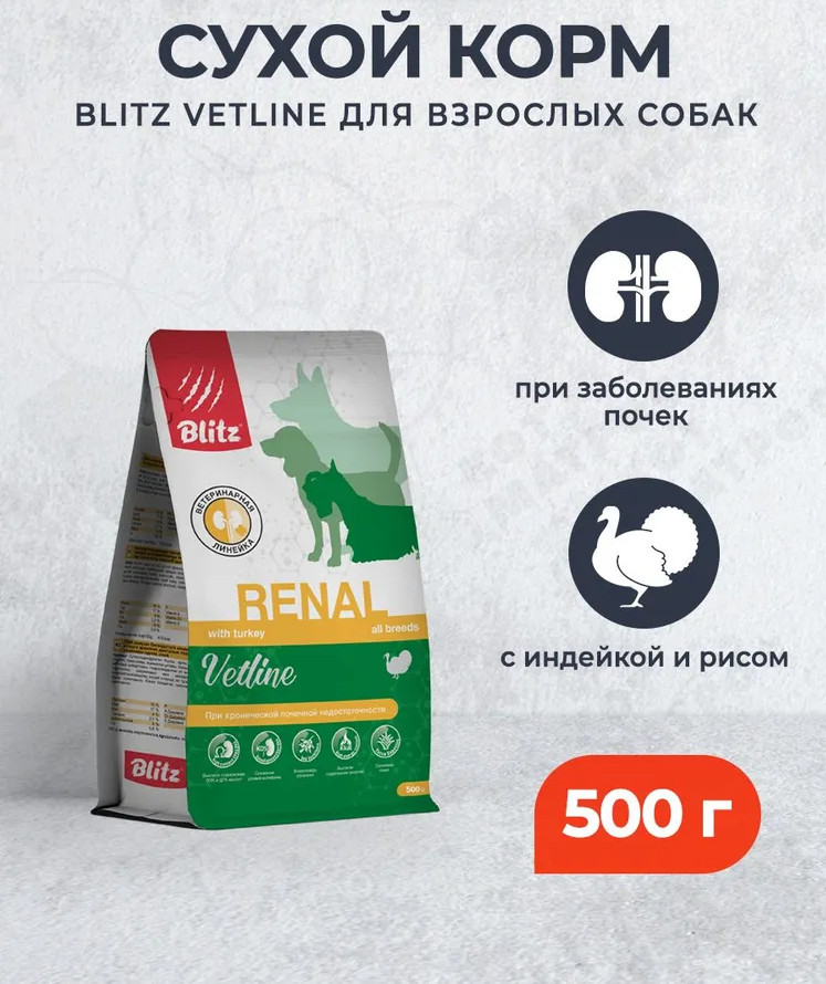 Корм для собак всех пород сухой при хронической почечной недостаточности с индейкой «Renal» | Vetline | Blitz