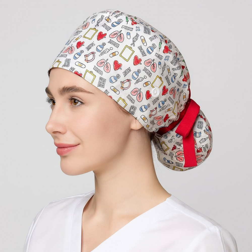 Медицинская шапочка с принтом и завязками