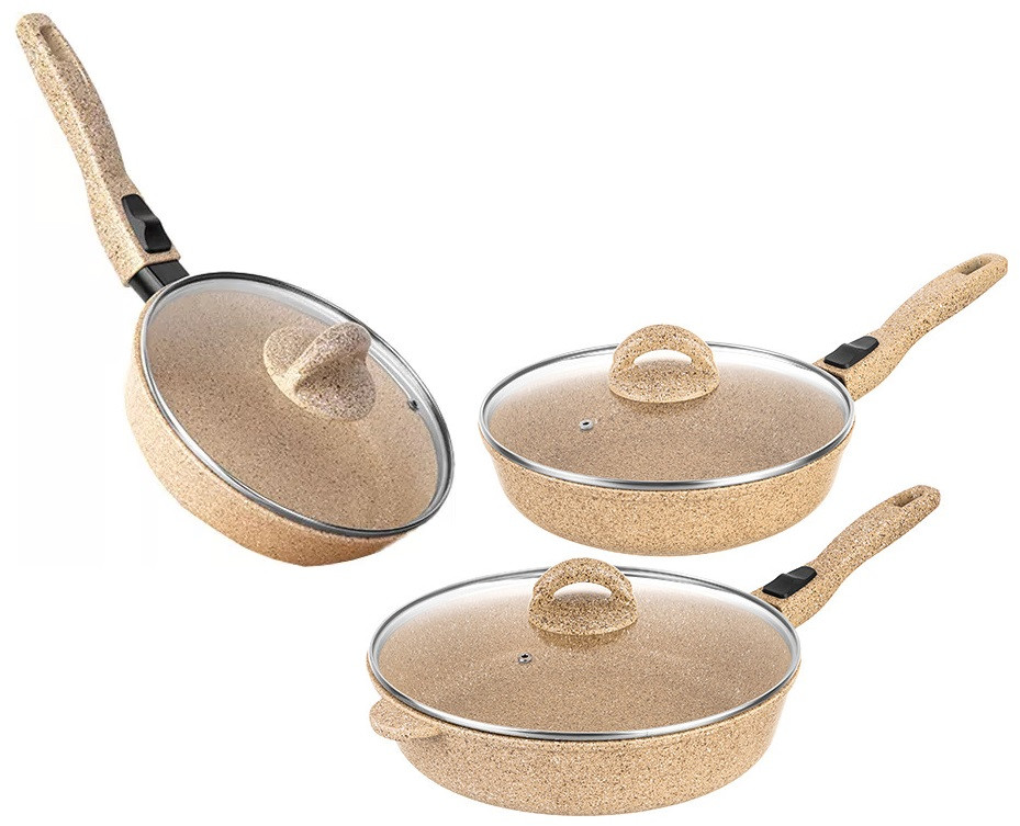 Набор посуды для приготовления из литого алюминия с крышками со съемными ручками «Медовый гранит» | Гармония вкуса | Elan Gallery