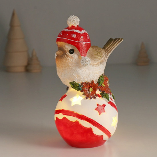 Фигурка светящаяся «Птичка в шапке с помпонами на ёлочном шарике»