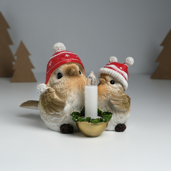 Фигурка светящаяся «Птички в шапках со снежинками сидят у свечи»