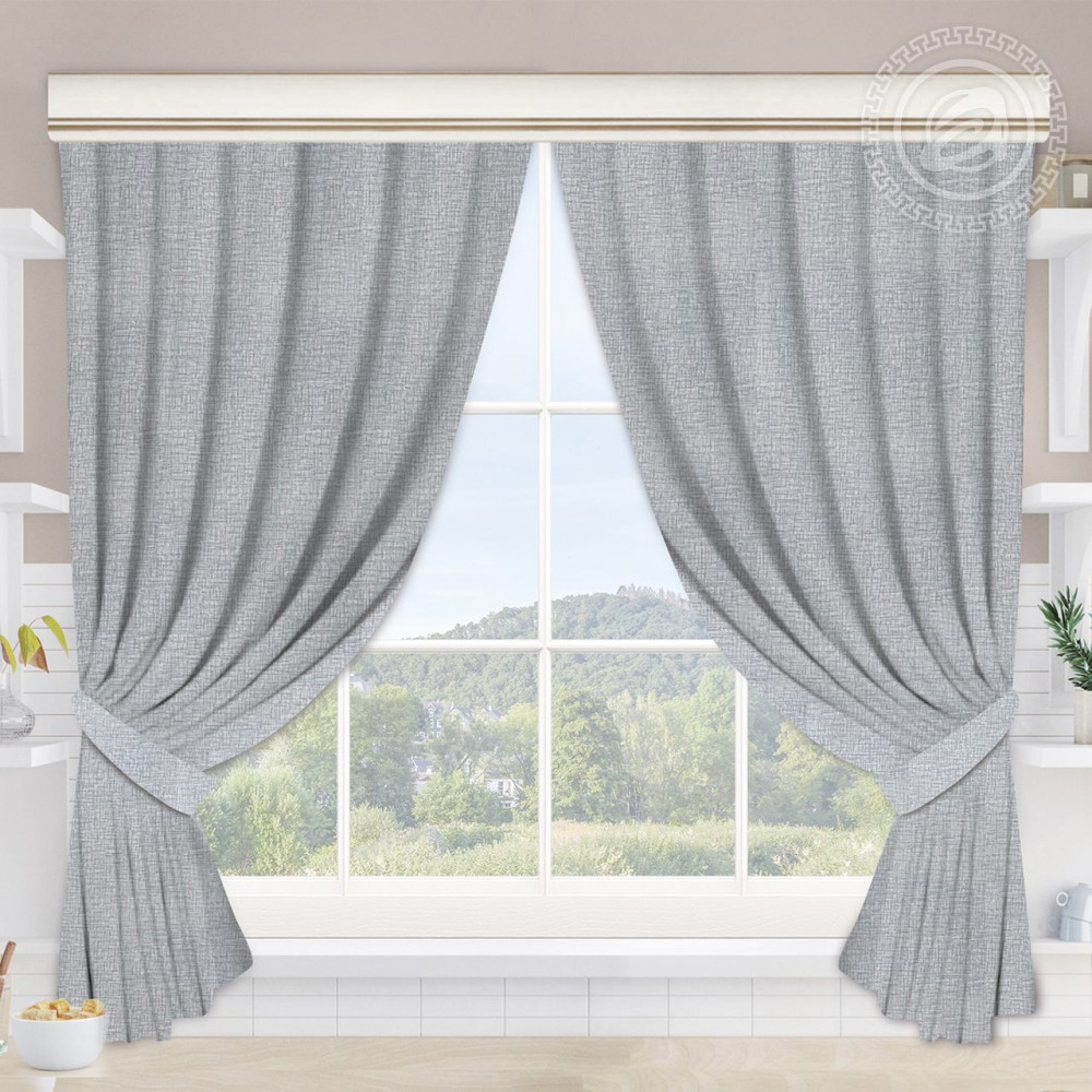 Комплект штор для кухни с подхватом «Лен серый» | Шторы для кухни | АртДизайн