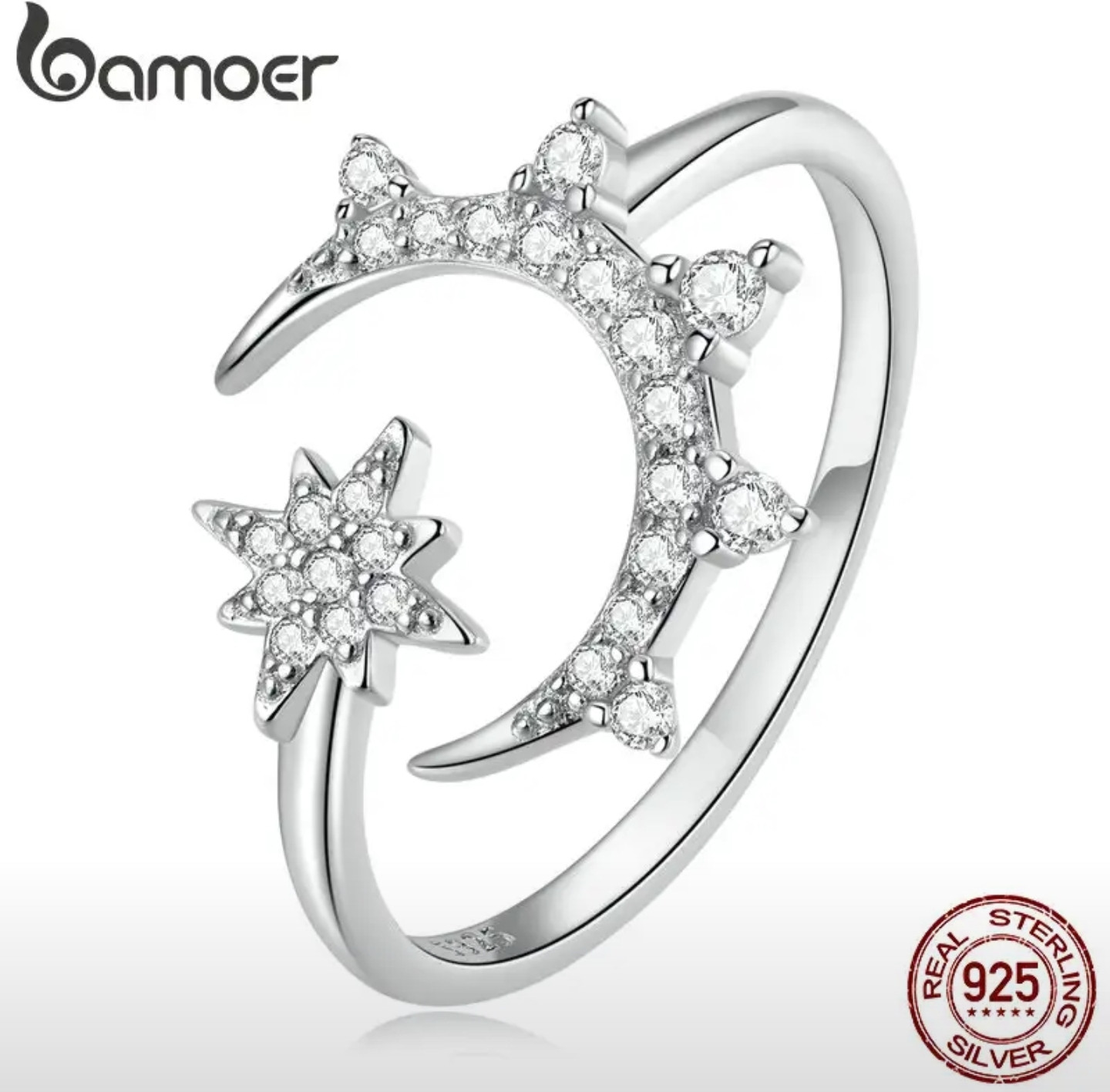 Кольцо из серебра с фианитом «Звезда и луна» | Bamoer