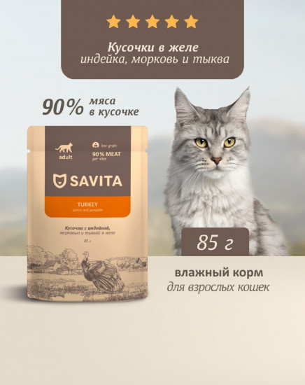 Корм влажный для взрослых кошек с индейкой, морковью и тыквой в желе «Turkey»