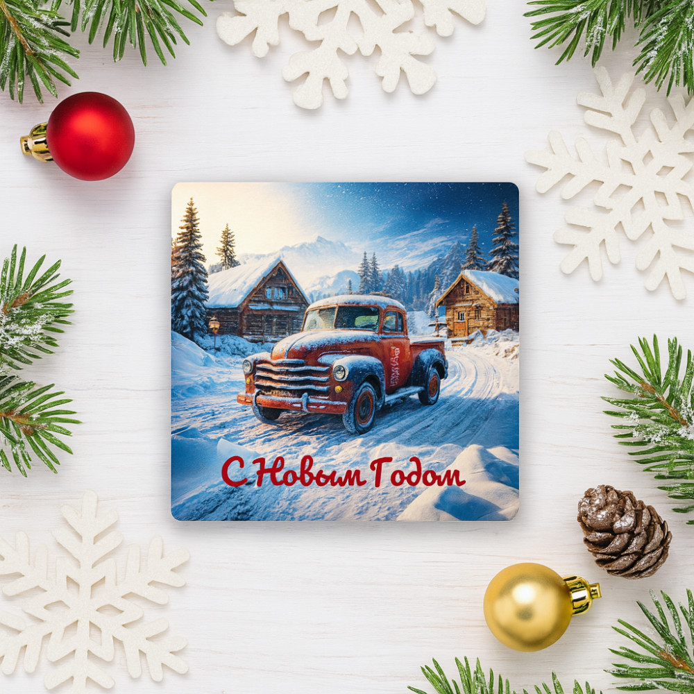 Открытка-магнит «Red car. Winter»