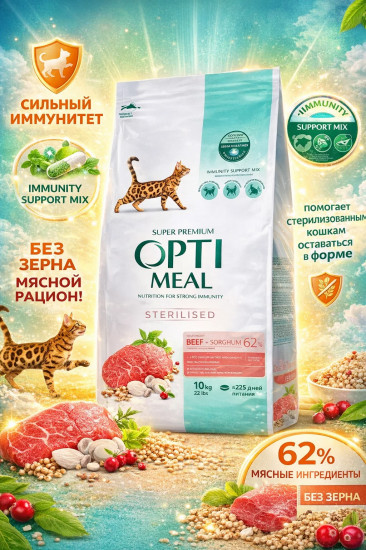 Сухой корм для стерилизованных кошек и кастрированных котов с говядиной и сорго
