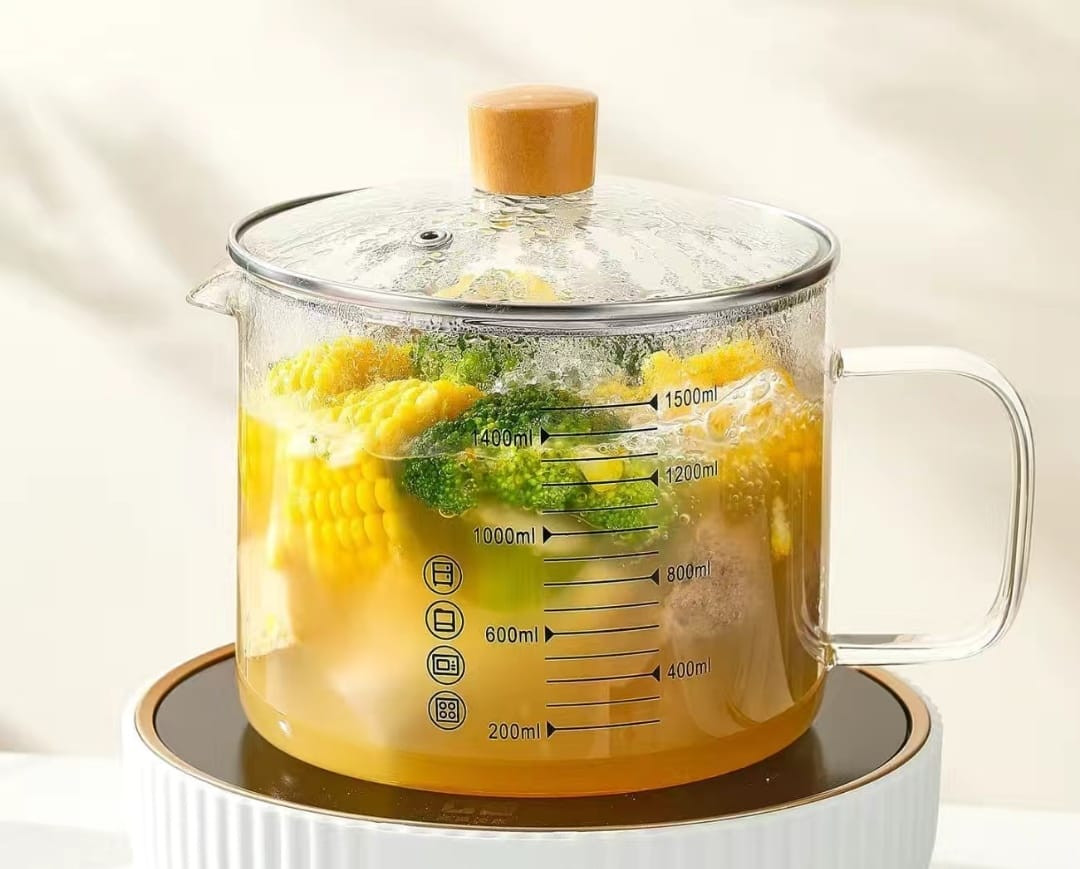 Жаропрочная стеклянная мерная кастрюля с крышкой и шкалой