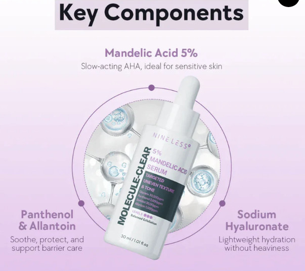 Обновляющая сыворотка с миндальной кислотой 5% для сияния и ровного тона «Molecule-Clear 5% Mandelic Asid Serum» | Nine Less
