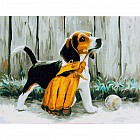 Роспись по холсту «Щенок с перчаткой» по номерам (40×30 см)