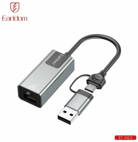 Сетевой адаптер Earldom NC3 RJ45 на USB+Type-C 100Mbps